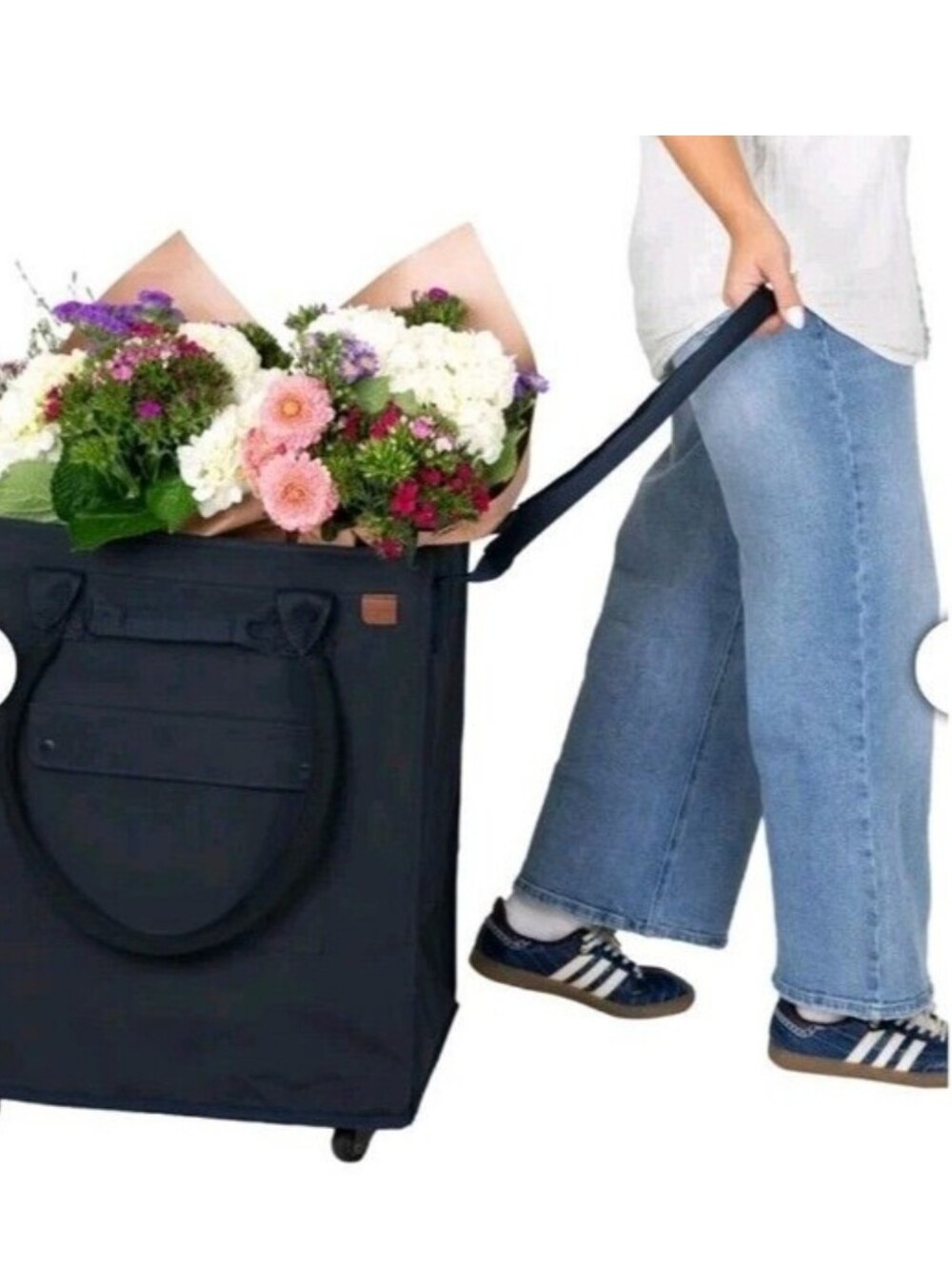 CleverMade Foldable Tote Bag on Wheels 14" Lx18"Wx24"H Soft Grip Navy - Picture 6 of 10